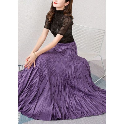 French Purple Elastic Waist Wrinkled Exra Large Hem Silk Skirts Summer
