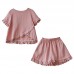 Loose linen suit female lace irregular round neck short sleeve T-shirt shorts two-piece suit